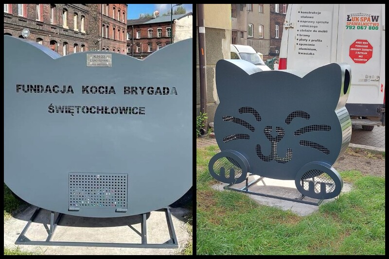Miasto zyskało kosz na nakrętki w kształcie kota! Stanął przed siedzibą Kociej Brygady
