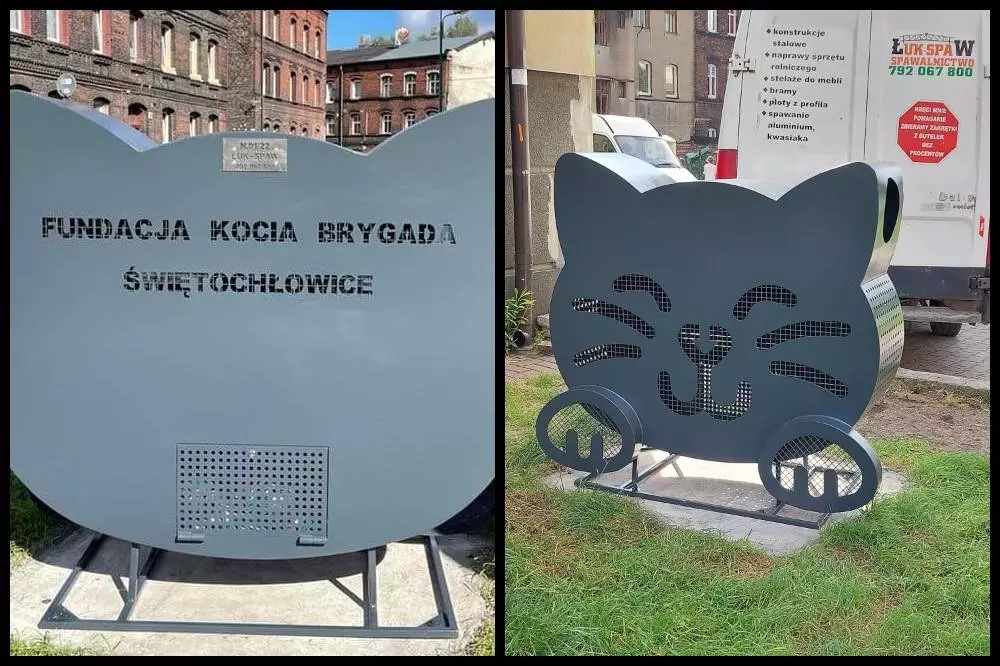 Miasto zyskało kosz na nakrętki w kształcie kota! Stanął przed siedzibą Kociej Brygady/fot. FB Kocia Brygada